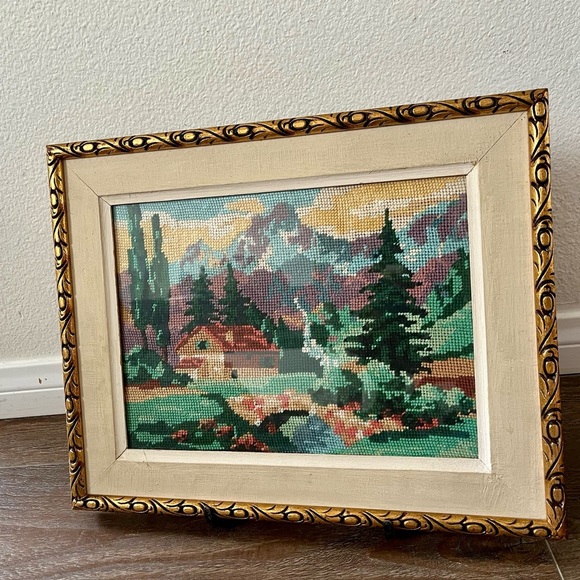Vintage Landscape Embroidered Art in Gold Frame 12/15 inch - Picture 10 of 12